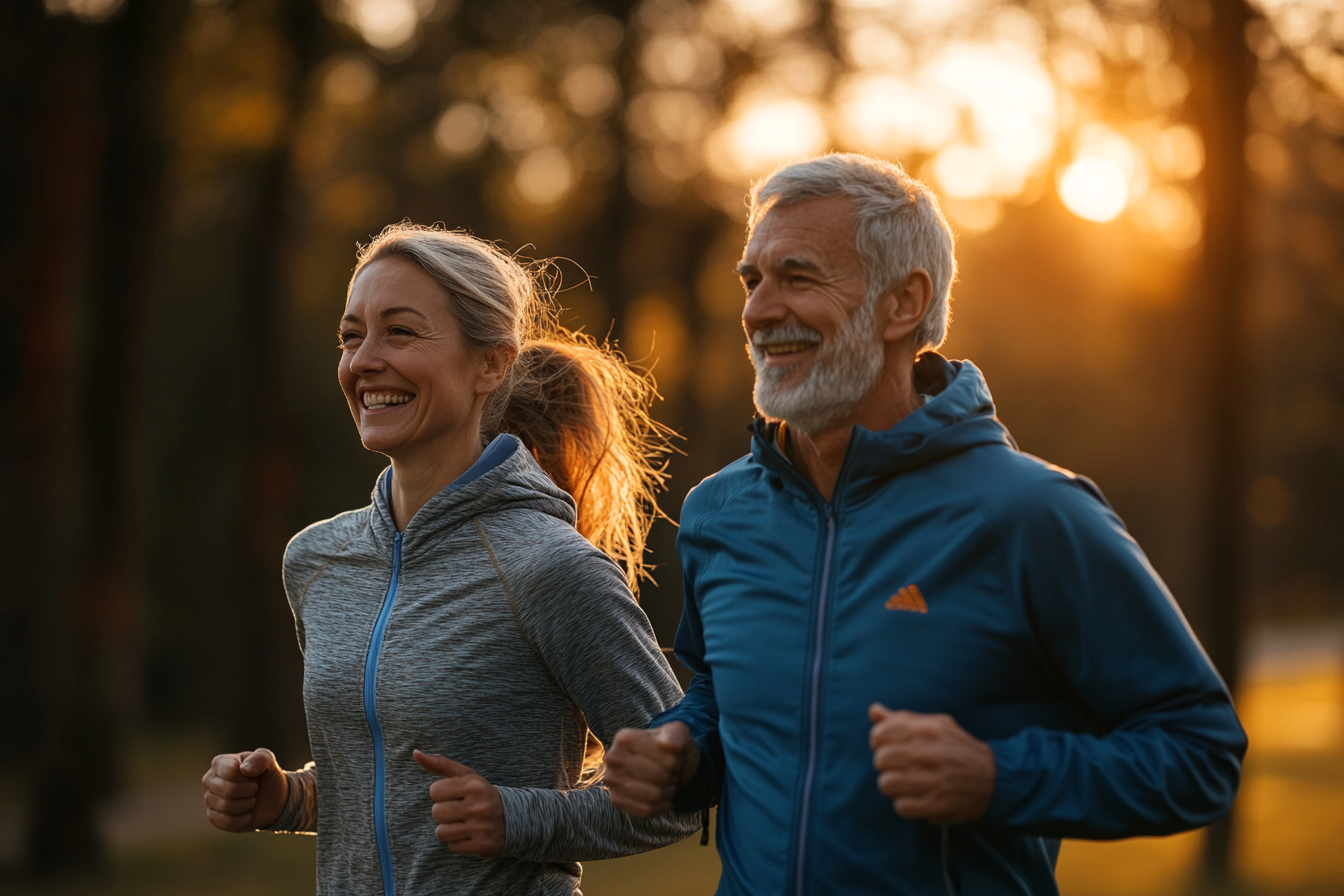 Възрастни хора в група правят упражнения на открито